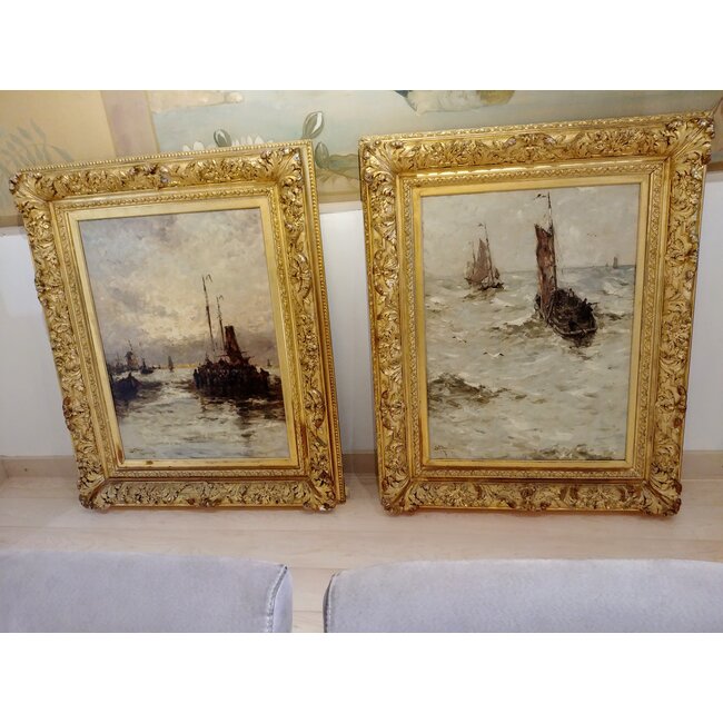 Bunn George 1847- na 1897 Amerikaan - Olieverf - "bomschuiten op volle zee"