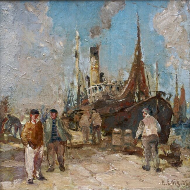 Ellis Howard 1887-1962 - Havengezicht met drukte op de kade