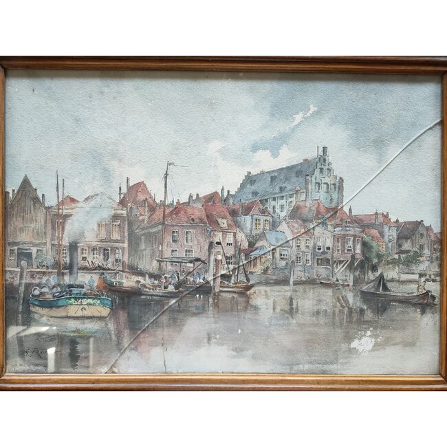 Fraipont Gustave 1849-1923 Aquarel - Wijnhaven - Dordrecht