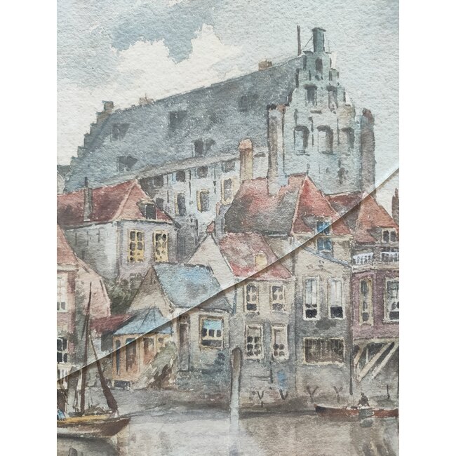 Fraipont Gustave 1849-1923 Aquarel - Wijnhaven - Dordrecht