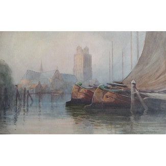 Hannaford Charles Edward 1863-1955 Aquarel - Dordrecht - Nieuwe haven