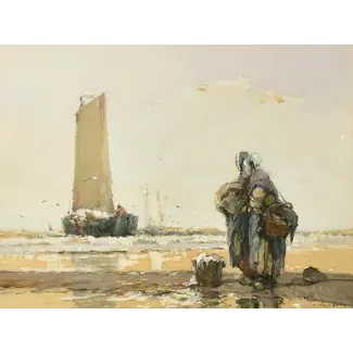 Hardy Thomas Bush 1867-1922 Aquarel - Vissersvrouwen brengen de vangst aan wal