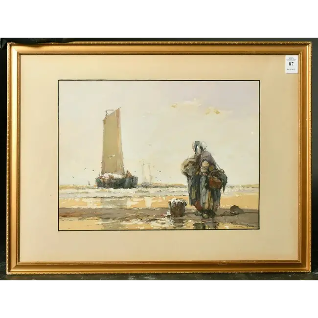 Hardy Thomas Bush 1867-1922 Aquarel - Vissersvrouwen brengen de vangst aan wal