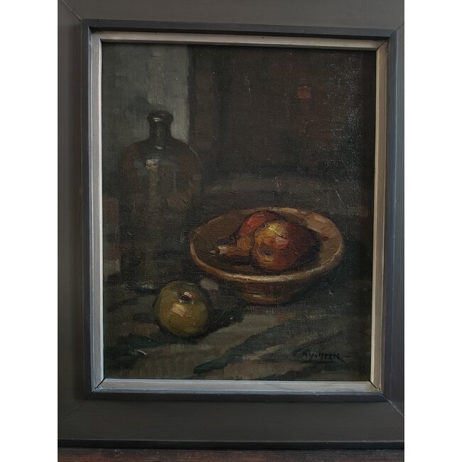 Heck Thomas van 1910-2006 - Olieverf - stilleven met fruitschaal en fles
