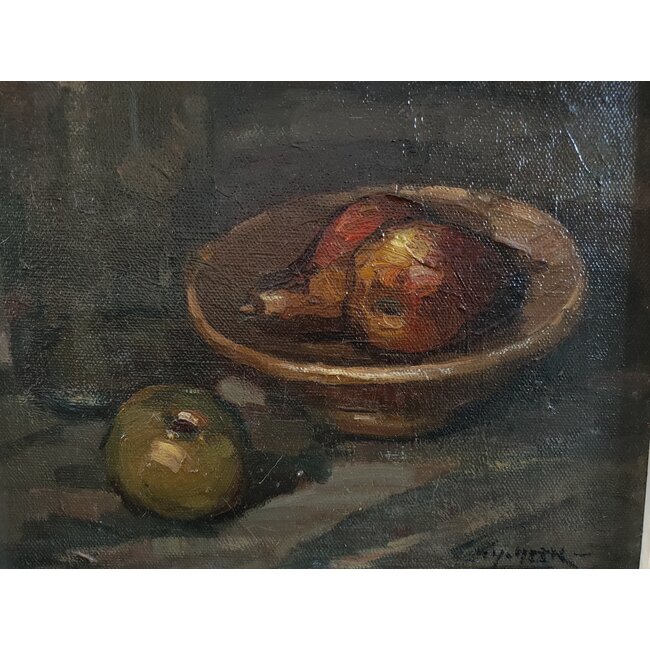 Heck Thomas van 1910-2006 - Olieverf - stilleven met fruitschaal en fles