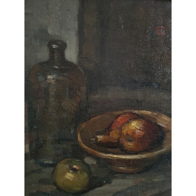 Heck Thomas van 1910-2006 - Olieverf - stilleven met fruitschaal en fles