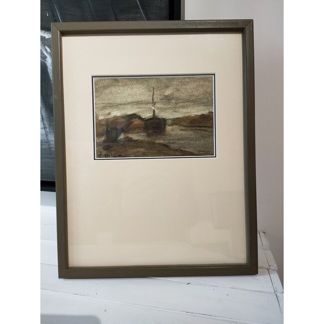 Heck Thomas van 1910-2006 - Gemengde techniek - scheepje in een kreek