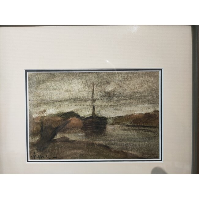 Heck Thomas van 1910-2006 - Gemengde techniek - scheepje in een kreek