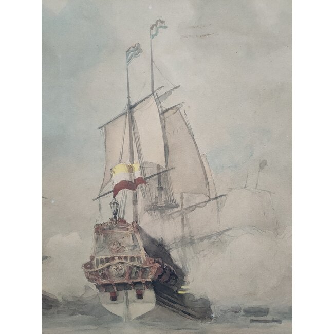 Hollestelle Jacob Huijbrecht 1858-1920 - Tekening - Oorlogsbodem in een zeeslag