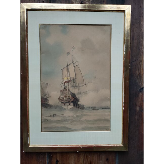 Hollestelle Jacob Huijbrecht 1858-1920 - Tekening - Oorlogsbodem in een zeeslag