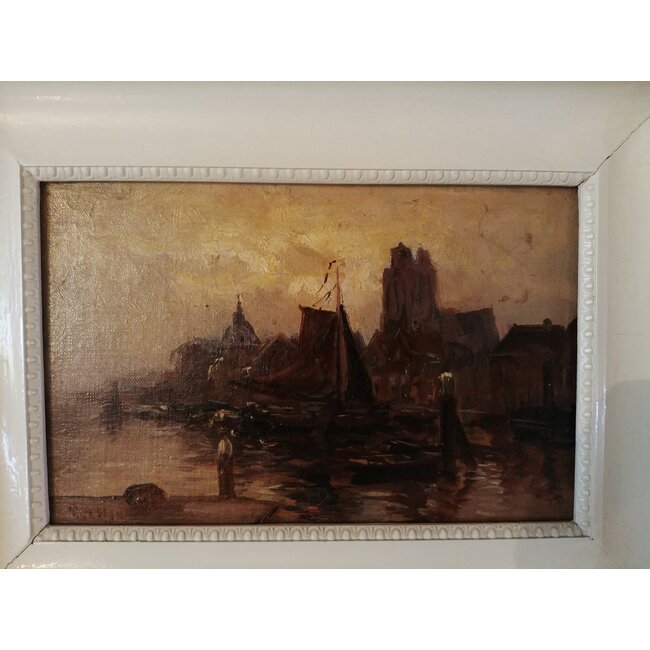 Hout Piet in 't 1879-1965 Olieverf - Zicht op Dordrecht vanaf de Oude Maas
