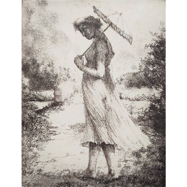 Hartog Mira den (1977) - Ets - dame met paraplu in landschap