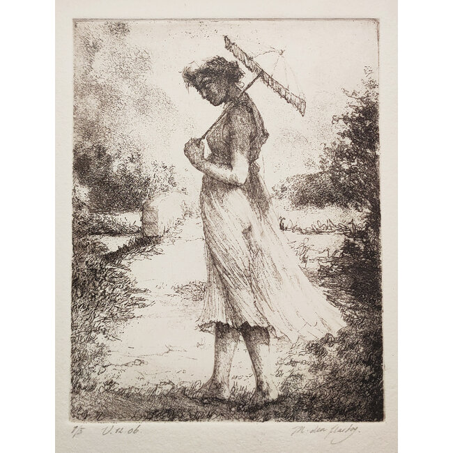 Hartog Mira den (1977) - Ets - dame met paraplu in landschap