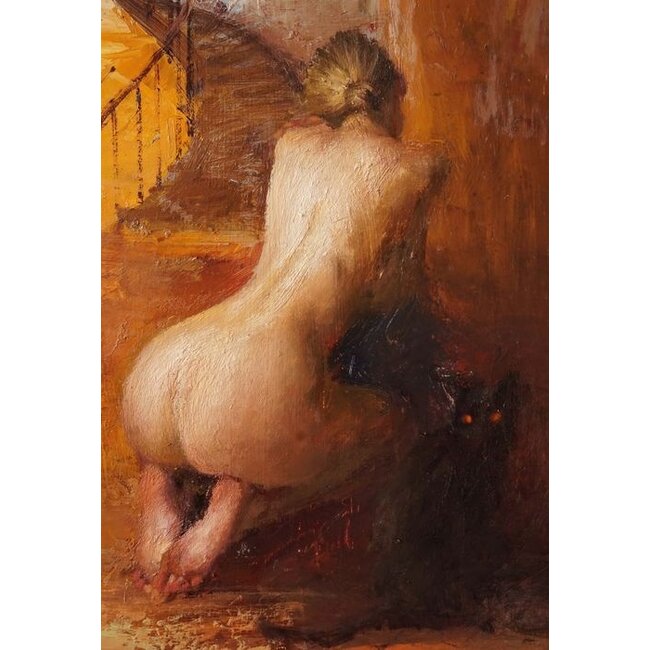 Leonardi Manuel - 1961 - Frans - Olieverf - La visite - geknield naakt met kat