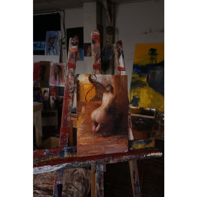 Leonardi Manuel - 1961 - Frans - Olieverf - La visite - geknield naakt met kat