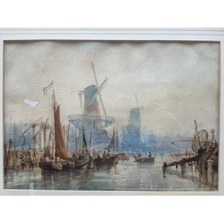 Mogford John 1821–1885 Brits Aquarel - Havengezicht - mogelijk Schiedam of Rotterdam