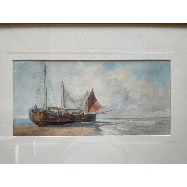 Mogford John 1821–1885 Brits - Aquarel - Pink en Withby luggers (loggers) op het strand van John Mogford.