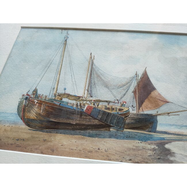 Mogford John 1821–1885 Brits - Aquarel - Pink en Withby luggers (loggers) op het strand van John Mogford.