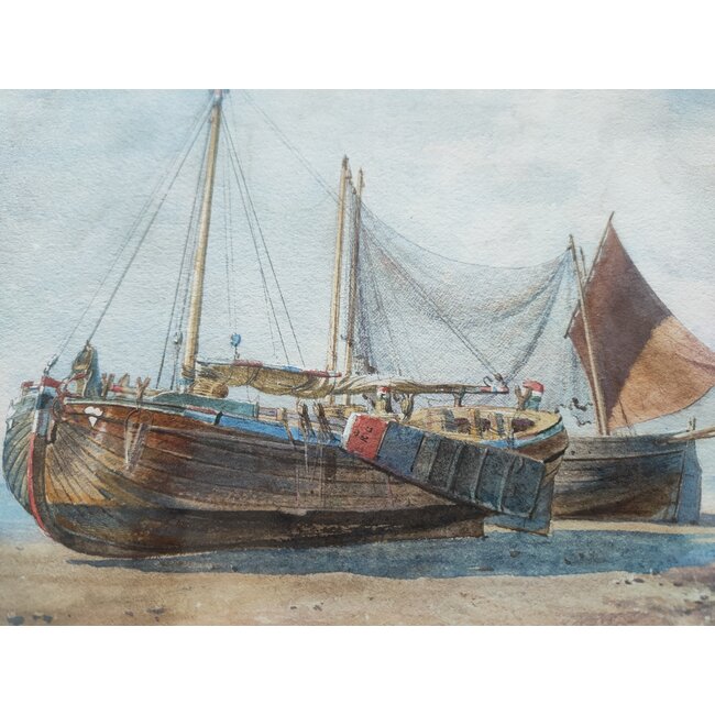 Mogford John 1821–1885 Brits - Aquarel - Pink en Withby luggers (loggers) op het strand van John Mogford.