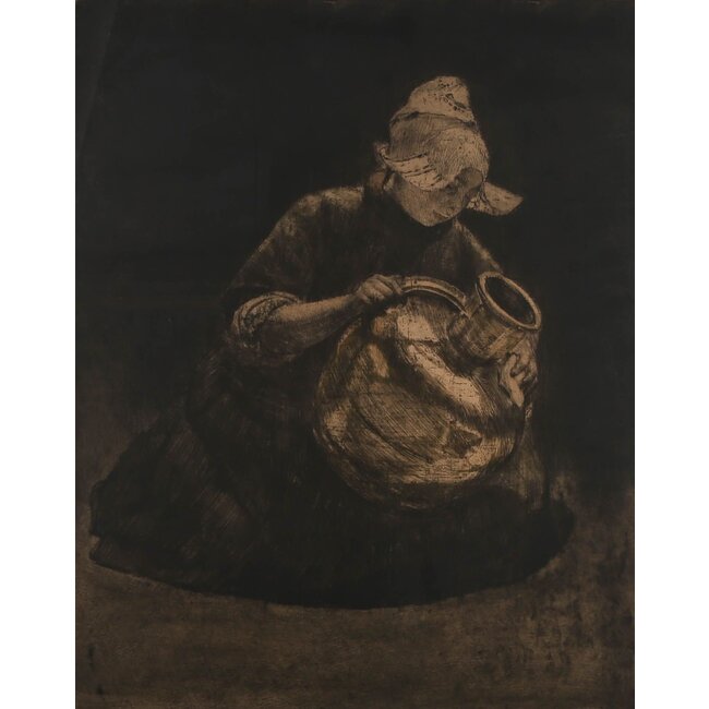 Onbekende kunstenaar - Ets - Melkmeisje poetst melkkan