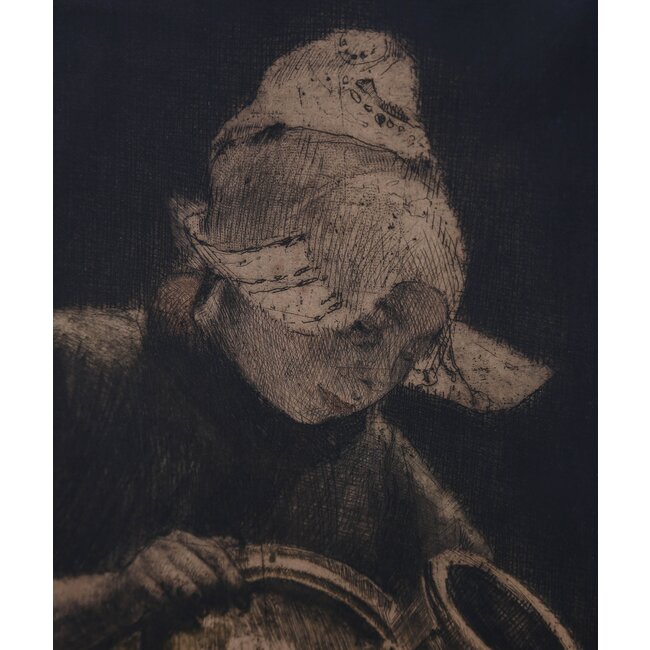 Onbekende kunstenaar - Ets - Melkmeisje poetst melkkan