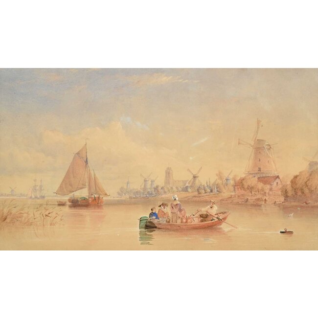 Robins Thomas Sewell 1810-1880 Brits Aquarel - Voor Dordrecht op de Oude Maas