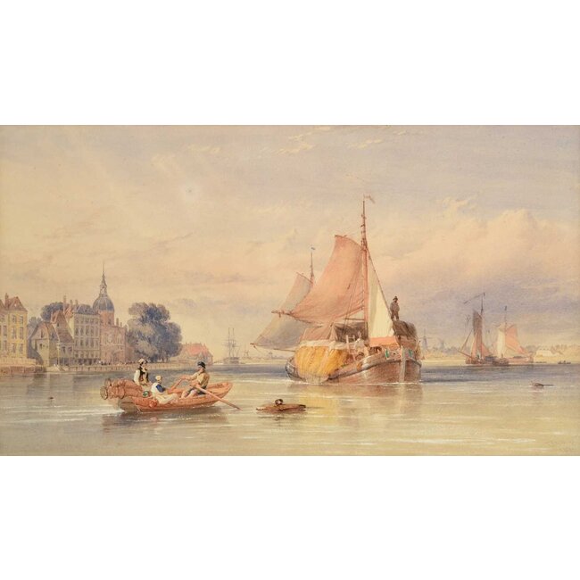 Robins Thomas Sewell 1810-1880 Brits - Aquarel - Zicht op Dordrecht vanaf de Beneden Merwede