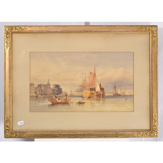 Robins Thomas Sewell 1810-1880 Brits - Aquarel - Zicht op Dordrecht vanaf de Beneden Merwede