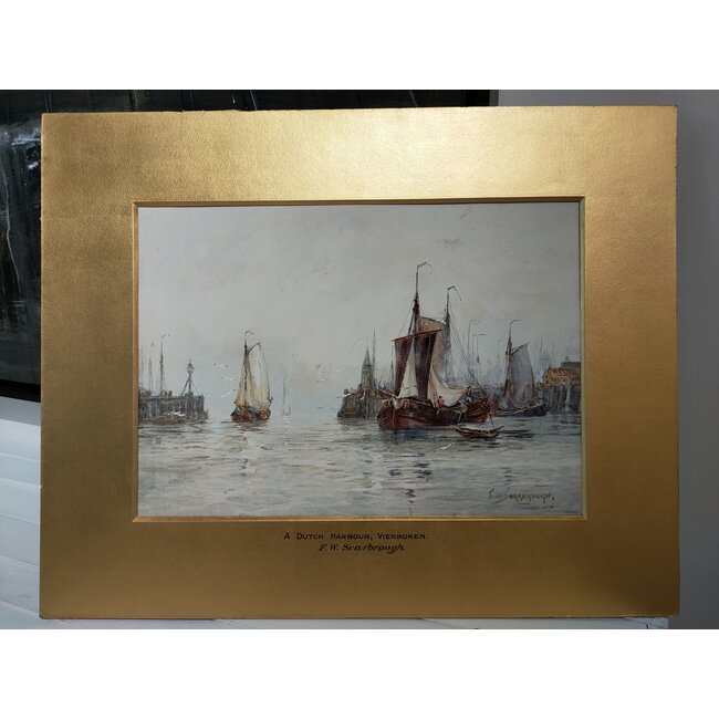 Scarbrough Frederick William 1860-1939 Brits - Aquarel - Tjalken in Vierboken haven