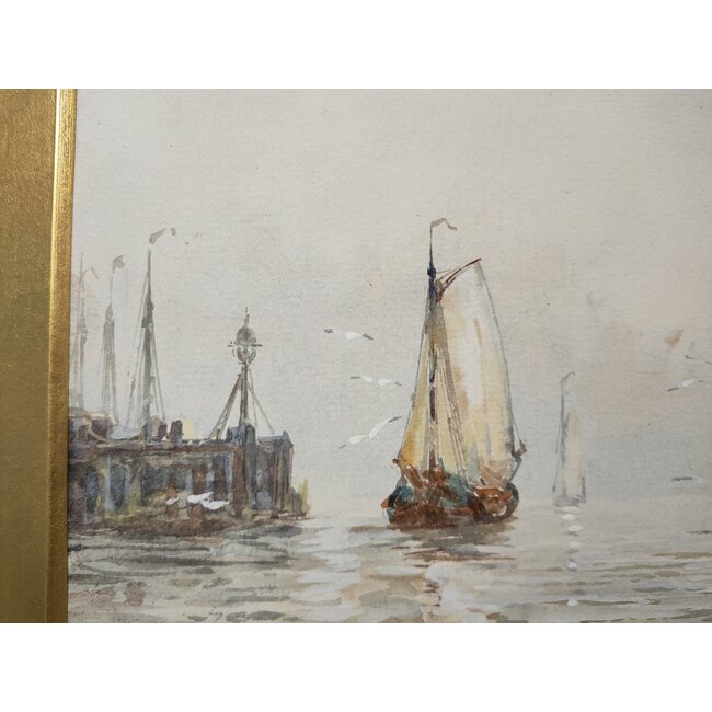 Scarbrough Frederick William 1860-1939 Brits - Aquarel - Tjalken in Vierboken haven