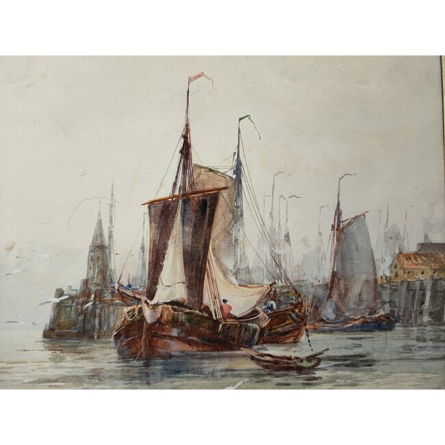 Scarbrough Frederick William 1860-1939 Brits - Aquarel - Tjalken in Vierboken haven