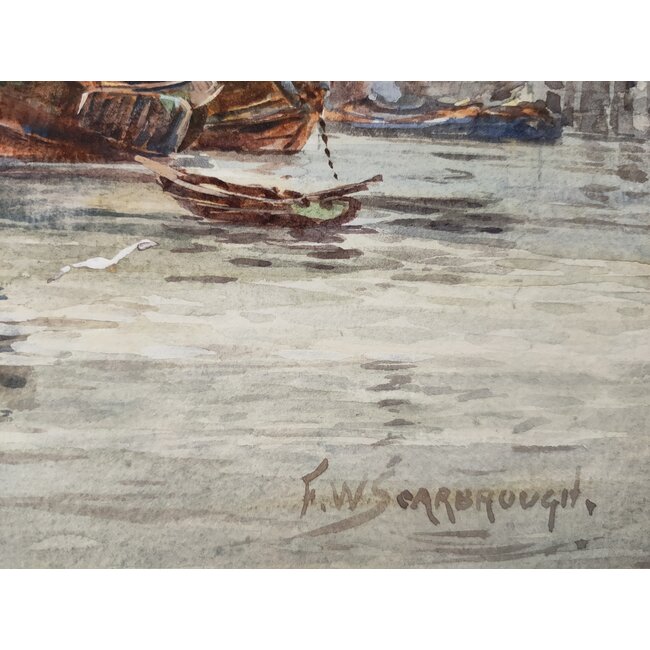 Scarbrough Frederick William 1860-1939 Brits - Aquarel - Tjalken in Vierboken haven