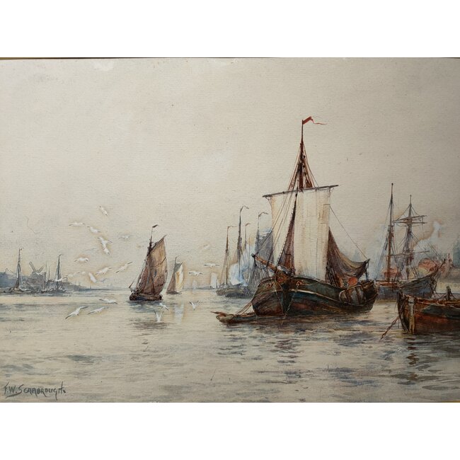 Scarbrough Frederick William 1860-1939 Brits - Aquarel - "On a Dutch river"