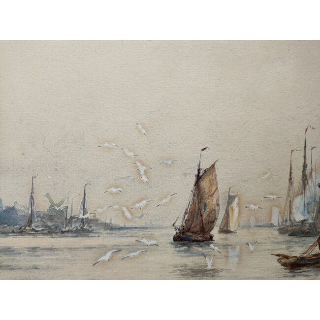 Scarbrough Frederick William 1860-1939 Brits - Aquarel - "On a Dutch river"