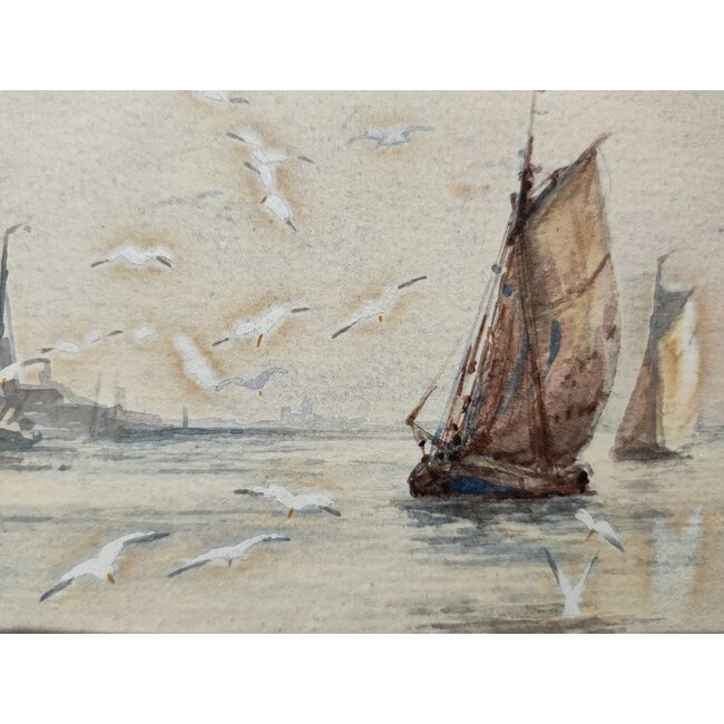 Scarbrough Frederick William 1860-1939 Brits - Aquarel - "On a Dutch river"