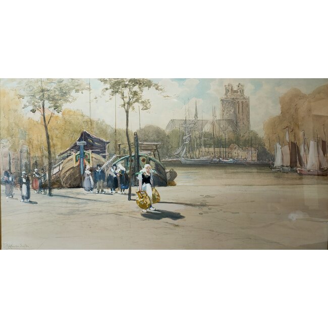 Smith Francis Hopkinson 1838-1915 Amerikaan - Aquarel - Dordrecht - Nieuwe haven en Aardappelmarkt