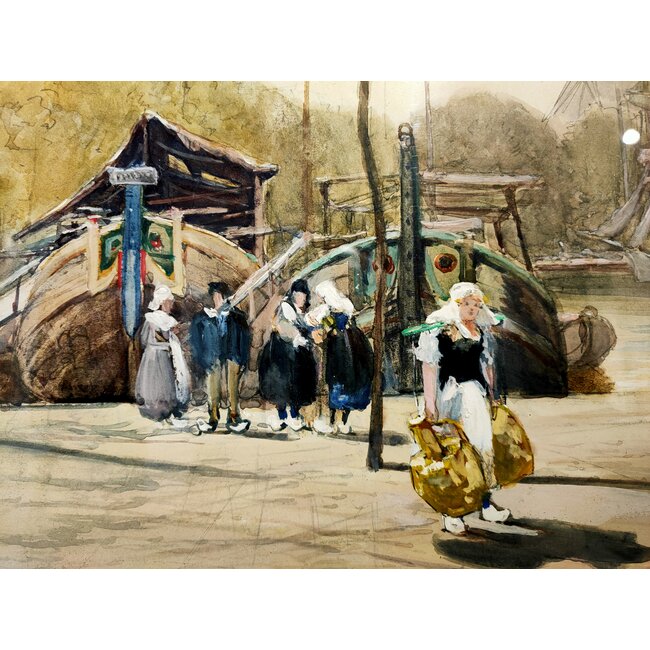 Smith Francis Hopkinson 1838-1915 Amerikaan - Aquarel - Dordrecht - Nieuwe haven en Aardappelmarkt