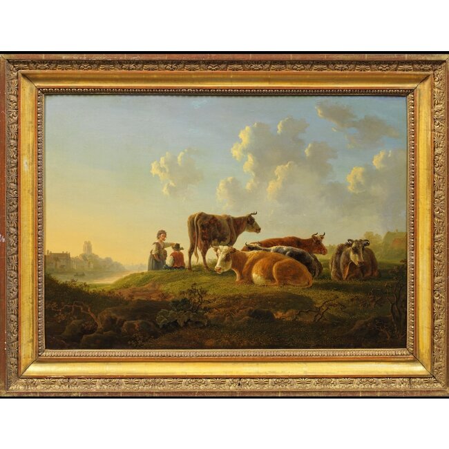 Strij Jacob van 1756-1815 Hollands - Olieverf - Herders met koeien buiten Dordrecht