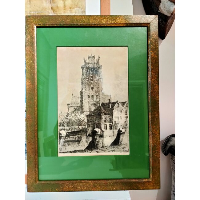 Verhoeven Aart 1929-2001 Nederlander - Ets - Grote of Onze Lieve Vrouwe kerk en de Bom/Leuve haven