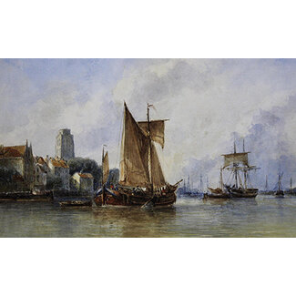 Waldorp Antonie 1802-1866 - Nederland Aquarel - Zicht op Dordrecht vanaf de Oude Maas