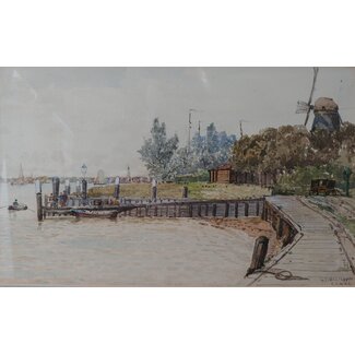 Walters Georges Standfield 1837-1924 Brits Aquarel - Papendrechts veer met trasmolen