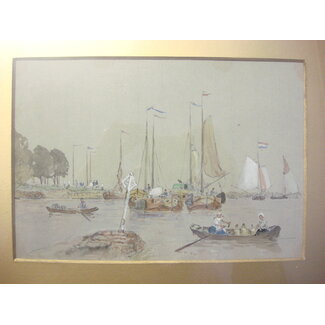 Walters Georges Standfield 1837-1924 Brits Aquarel - Rivergezicht van tjalken voor Papendrecht