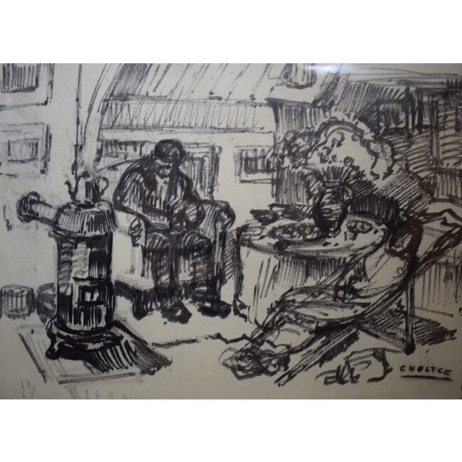 Noltee Cor (1903-1967) - Tekening - interieur met Nel en Kees Stoop