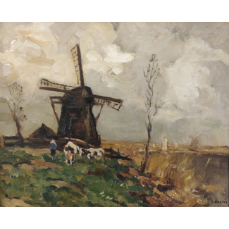 Noltee Cor (1903-1967) Olieverf - Polderlandschap met boer, koeien en molen