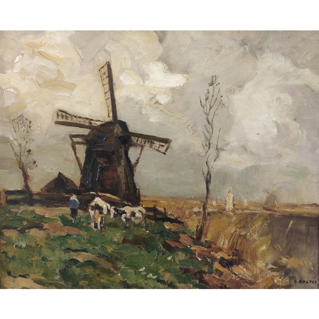 Noltee Cor (1903-1967) - Olieverf - Polderlandschap met boer, koeien en molen