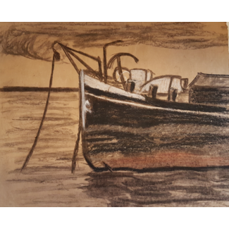 Pijnacker-Hordijk Cornelia (Coks)  1904-1971 Tekening - Schip voor anker op de Oude Maas