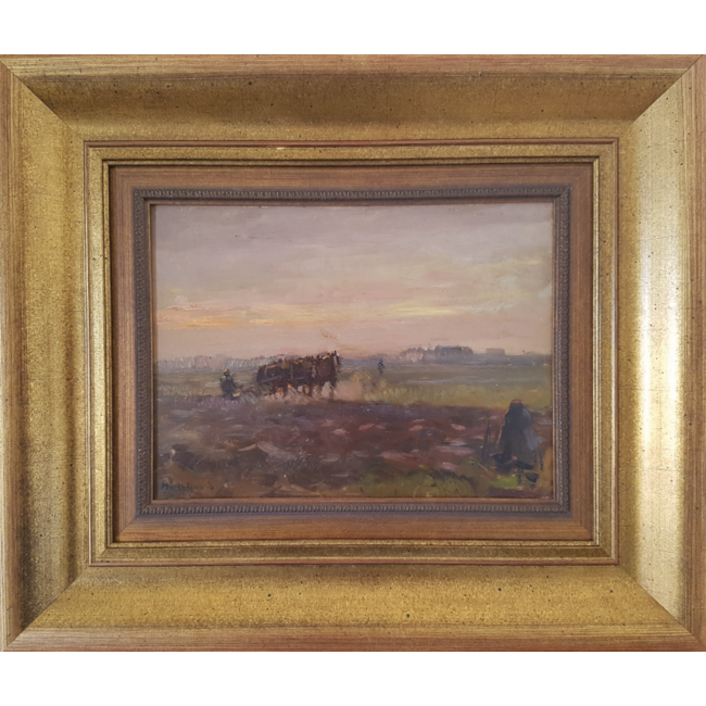 Mühlhaus Daniel (Daan) 1907-1981 -Olieverf - Ploegende boer in ochtendlicht