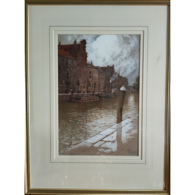 John Doddy Walker 1863-1925 - Aquarel - Dordrecht - Kuipershaven vanaf de Wolwevershaven