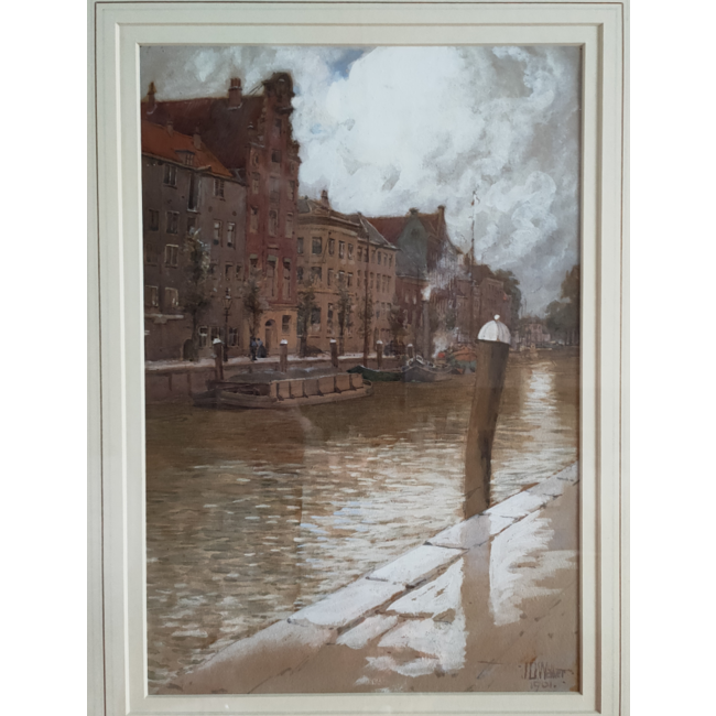 John Doddy Walker 1863-1925 - Aquarel - Dordrecht - Kuipershaven vanaf de Wolwevershaven