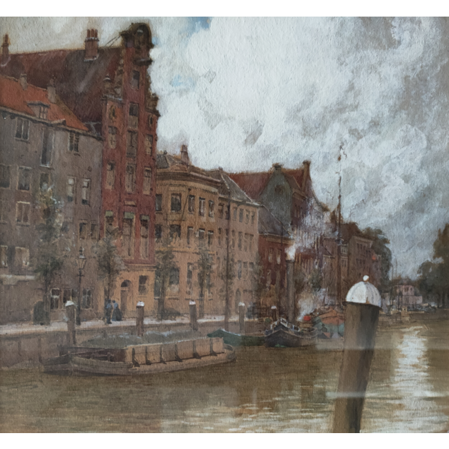 John Doddy Walker 1863-1925 - Aquarel - Dordrecht - Kuipershaven vanaf de Wolwevershaven